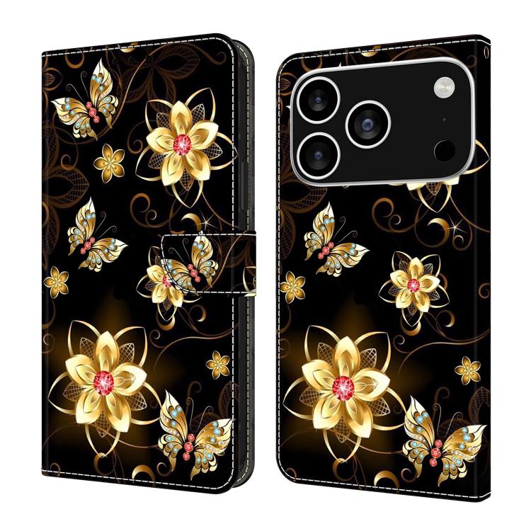 For iPhone 17 Pro Crystal-Like Painted Vegan Leather Phone Case(Gold Flower Gold Butterfly)