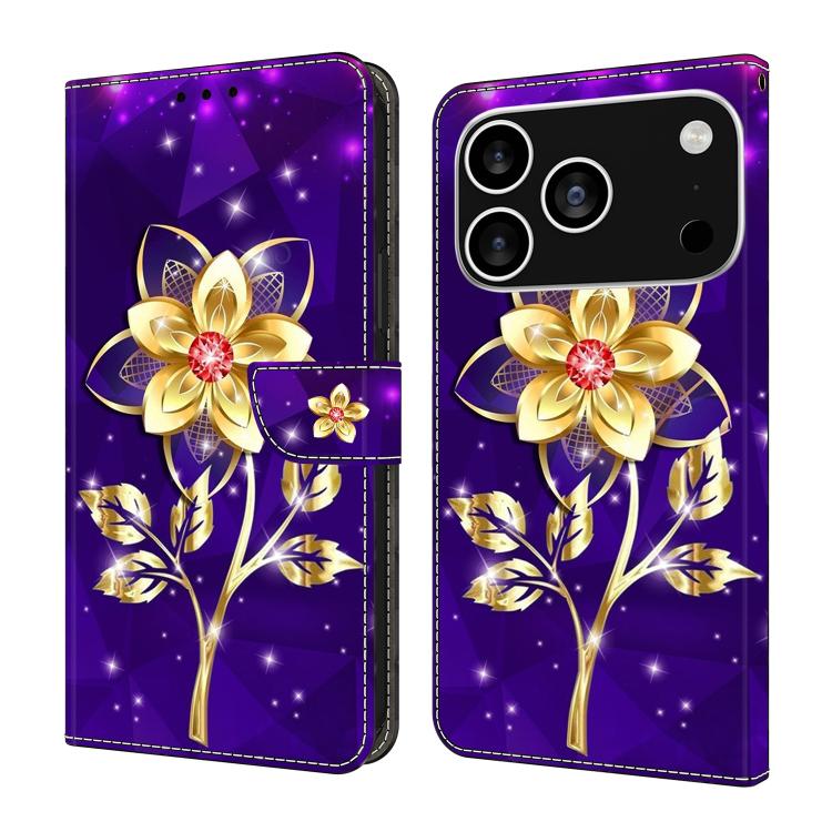 For iPhone 17 Pro Crystal-Like Painted Vegan Leather Phone Case(Gold Flower On Purple)