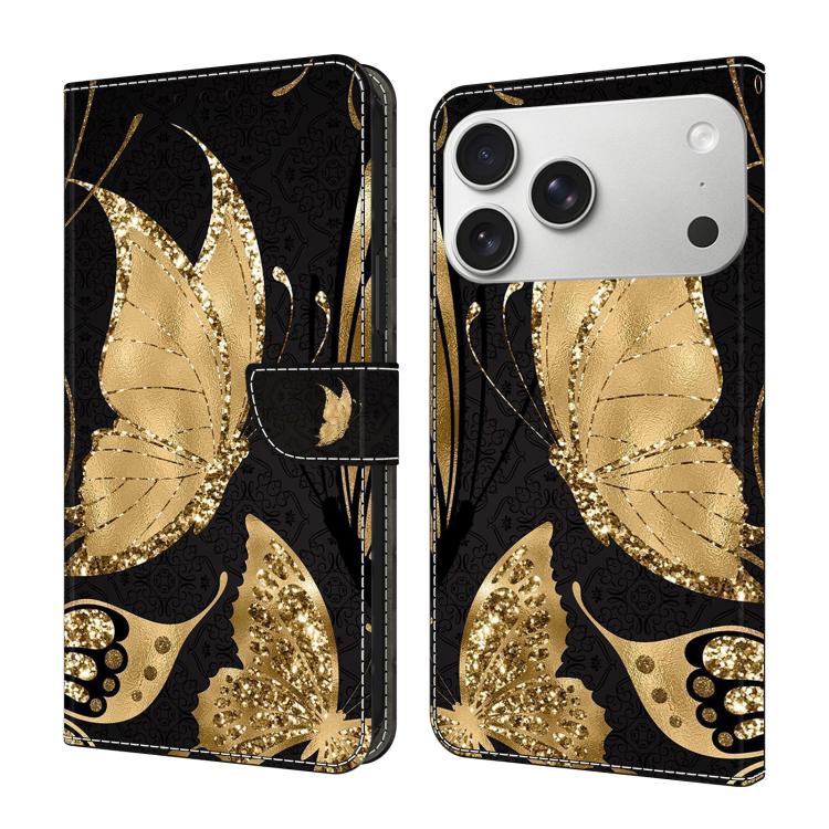 For iPhone 17 Pro Crystal-Like Painted Vegan Leather Phone Case(Golden Butterfly)
