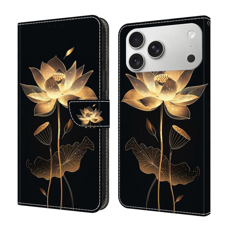 For iPhone 17 Pro Crystal-Like Painted Vegan Leather Phone Case(Golden Thread Lotus)