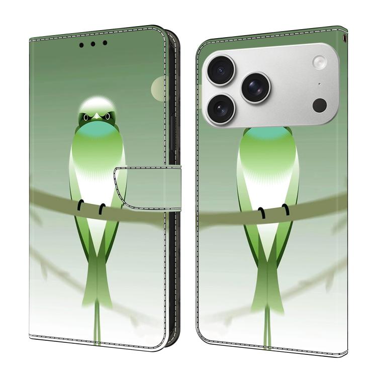 For iPhone 17 Pro Crystal-Like Painted Vegan Leather Phone Case(Green Bird)