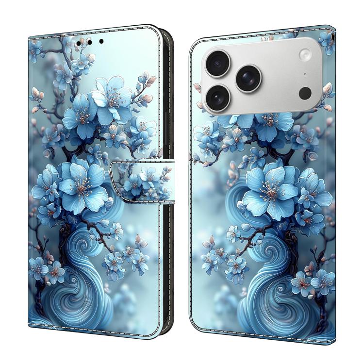 For iPhone 17 Pro Crystal-Like Painted Vegan Leather Phone Case(Icy Blue Blossoms)