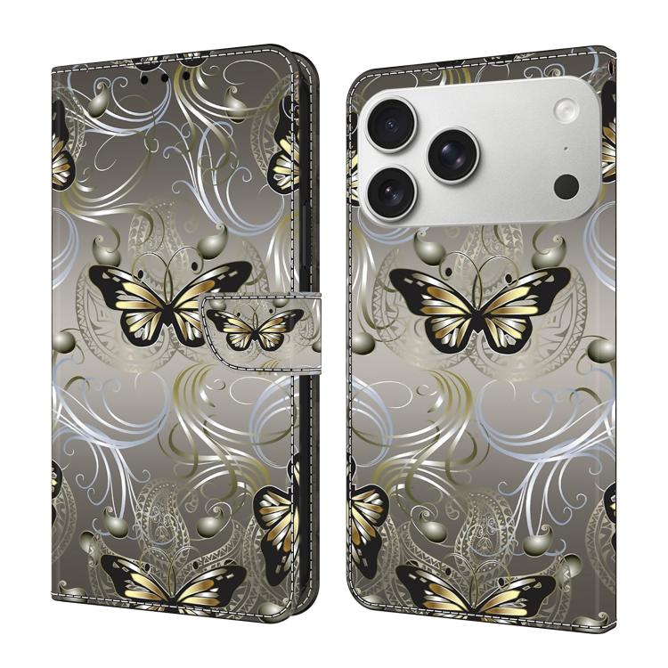 For iPhone 17 Pro Crystal-Like Painted Vegan Leather Phone Case(Lace Butterfly)