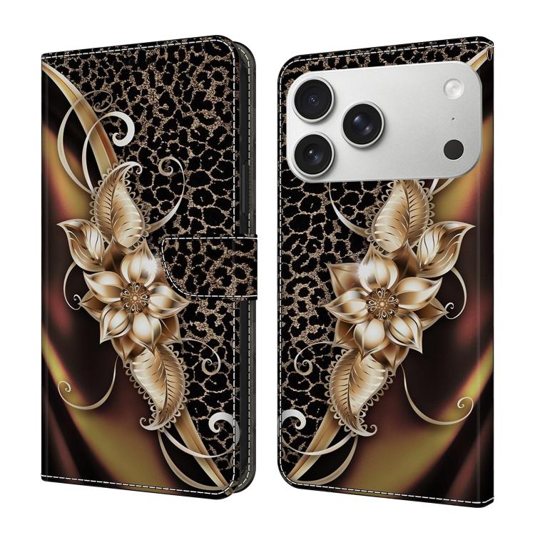 For iPhone 17 Pro Crystal-Like Painted Vegan Leather Phone Case(Metal Flower)