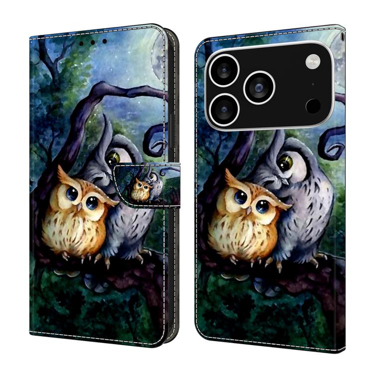 For iPhone 17 Pro Crystal-Like Painted Vegan Leather Phone Case(Mother Baby Owls)
