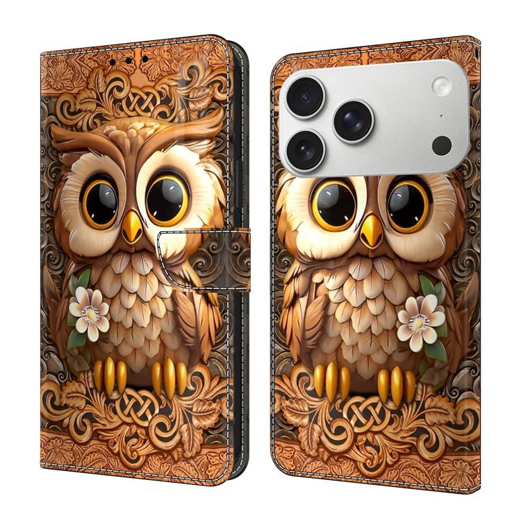 For iPhone 17 Pro Crystal-Like Painted Vegan Leather Phone Case(Owl)