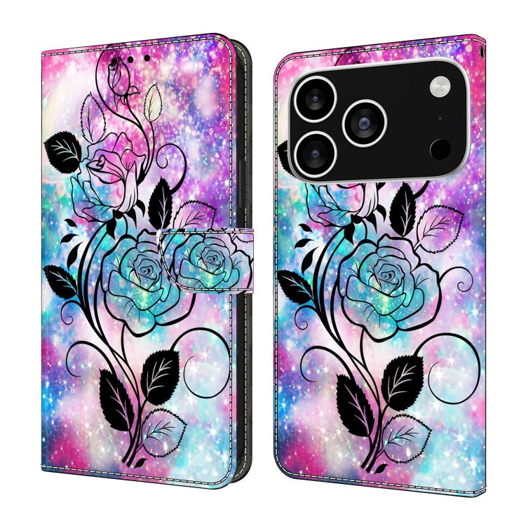 For iPhone 17 Pro Crystal-Like Painted Vegan Leather Phone Case(Pen Drawing Rose)