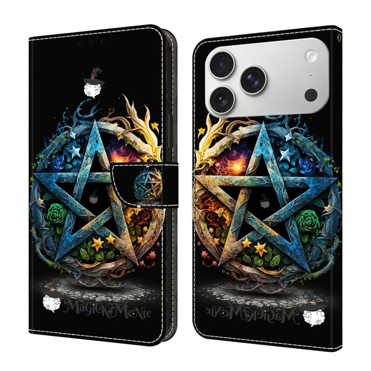 For iPhone 17 Pro Crystal-Like Painted Vegan Leather Phone Case(Pentagram)