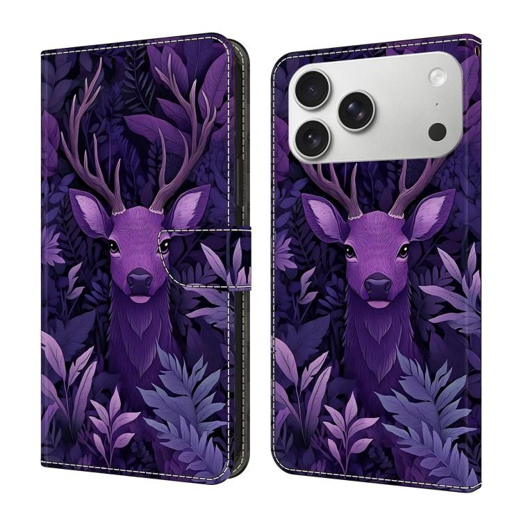 For iPhone 17 Pro Crystal-Like Painted Vegan Leather Phone Case(Purple Deer)