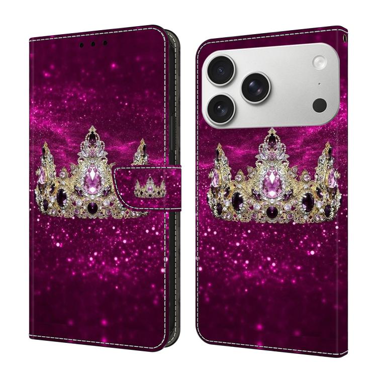 For iPhone 17 Pro Crystal-Like Painted Vegan Leather Phone Case(Purple Diamond Crown)