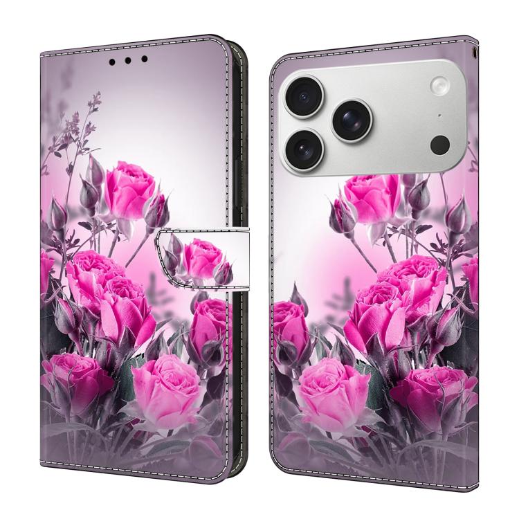 For iPhone 17 Pro Crystal-Like Painted Vegan Leather Phone Case(Purple Flower)