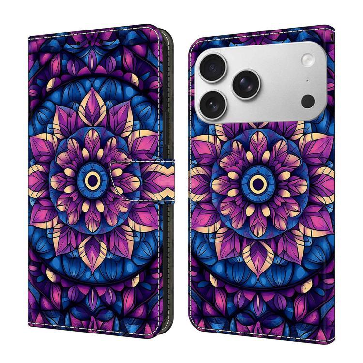 For iPhone 17 Pro Crystal-Like Painted Vegan Leather Phone Case(Purple Tara Flower)