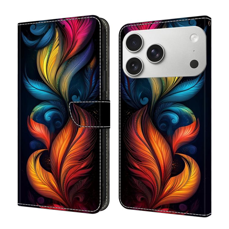 For iPhone 17 Pro Crystal-Like Painted Vegan Leather Phone Case(Rainbow Plume)