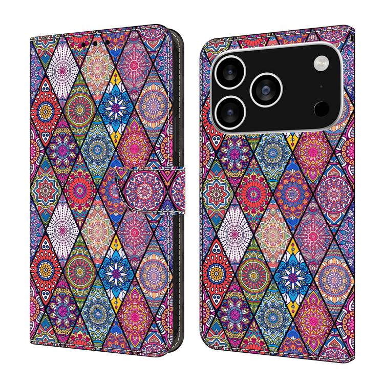 For iPhone 17 Pro Crystal-Like Painted Vegan Leather Phone Case(Red Floral Ethnic)