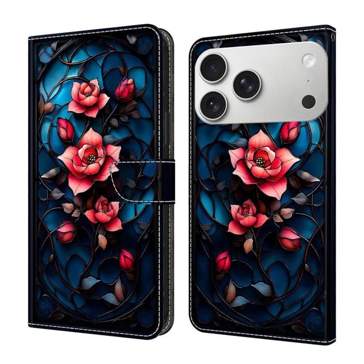 For iPhone 17 Pro Crystal-Like Painted Vegan Leather Phone Case(Red Rose)