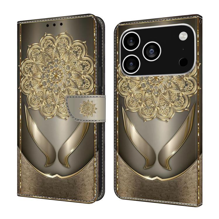 For iPhone 17 Pro Crystal-Like Painted Vegan Leather Phone Case(Shining Golden Flower)