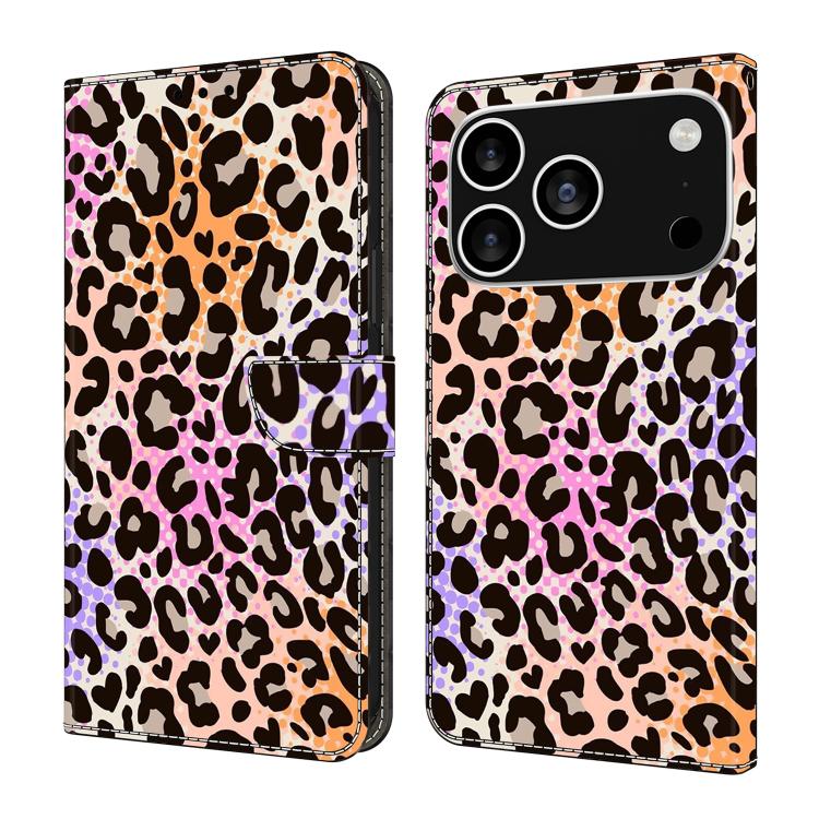 For iPhone 17 Pro Crystal-Like Painted Vegan Leather Phone Case(Spotted Leopard Print)
