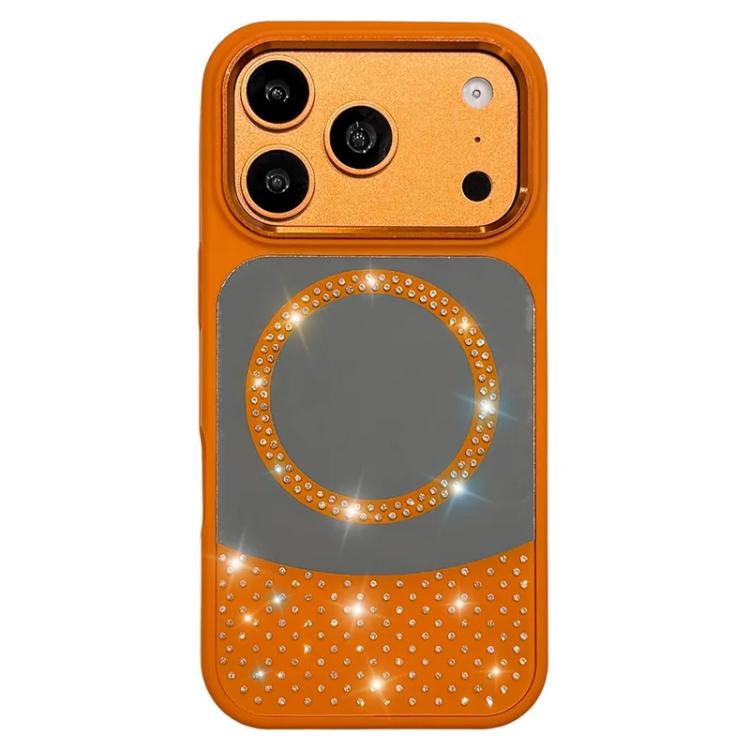 For iPhone 17 Pro Crystal Mirror Surface Rhinestone Magnetic Phone Case(Orange)