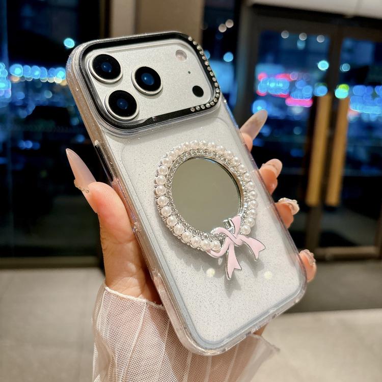 For iPhone 17 Pro Crystal Series Round Pearl Mirror Shockproof Phone Case(Black)