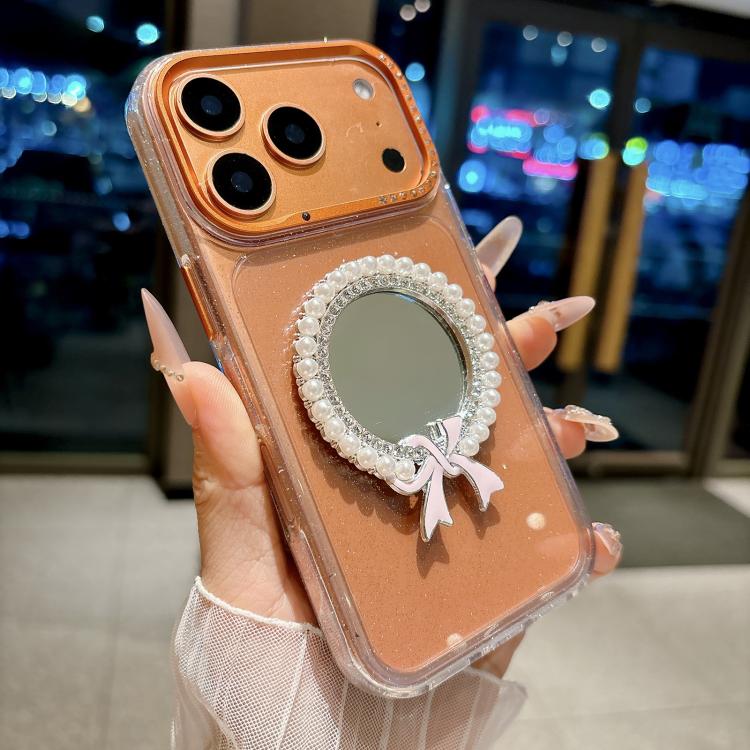 For iPhone 17 Pro Crystal Series Round Pearl Mirror Shockproof Phone Case(Orange)