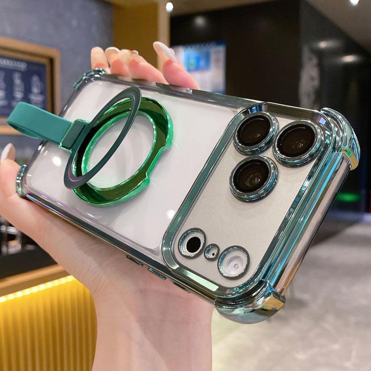 For iPhone 17 Pro Crystal Shield Ring Holde TPU + Acrylic Magnetic Phone Case(Green)