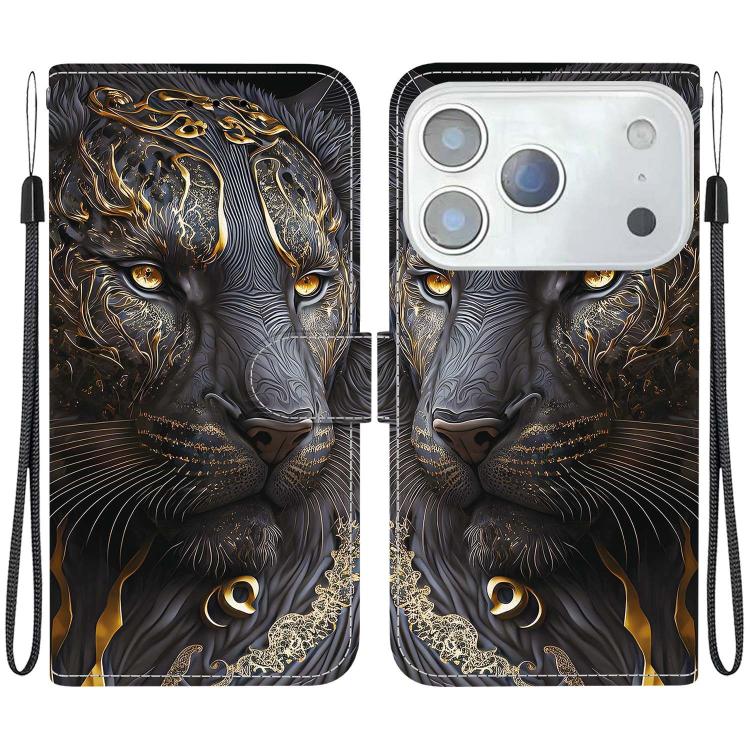 For iPhone 17 Pro Crystal Texture Colored Drawing Leather Phone Case(Black Gold Lion)