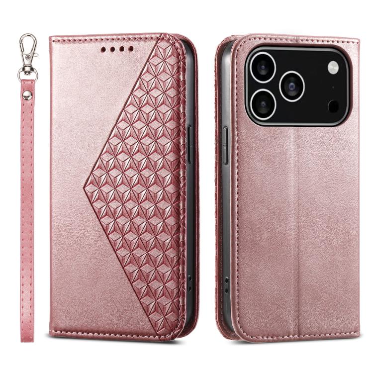 For iPhone 17 Pro Cubic Grid Calf Texture Magnetic Leather Phone Case(Rose Gold)