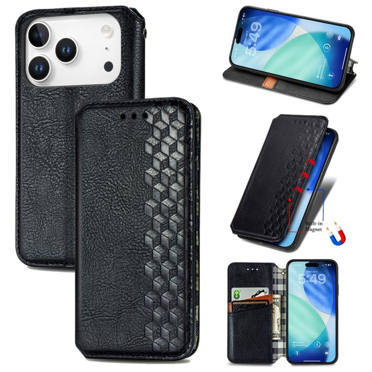 For iPhone 17 Pro Cubic Grid Pressed Magnetic Leather Phone Case(Black)