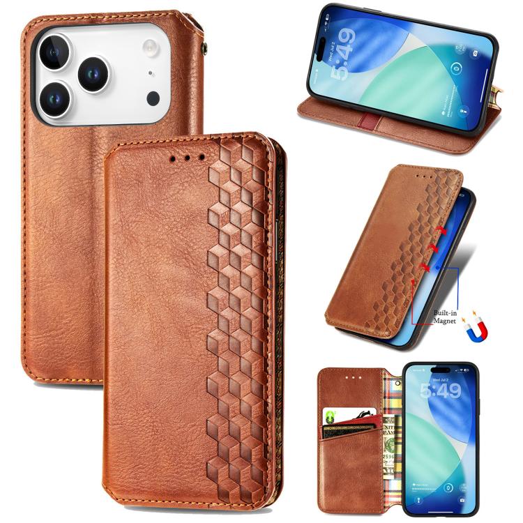 For iPhone 17 Pro Cubic Grid Pressed Magnetic Leather Phone Case(Brown)