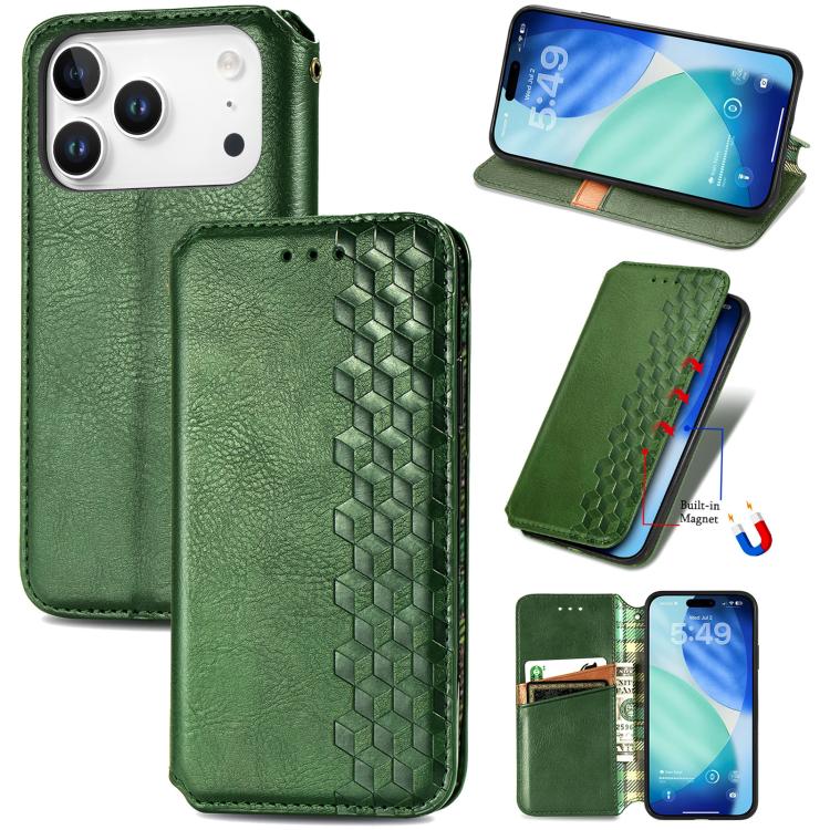 For iPhone 17 Pro Cubic Grid Pressed Magnetic Leather Phone Case(Green)