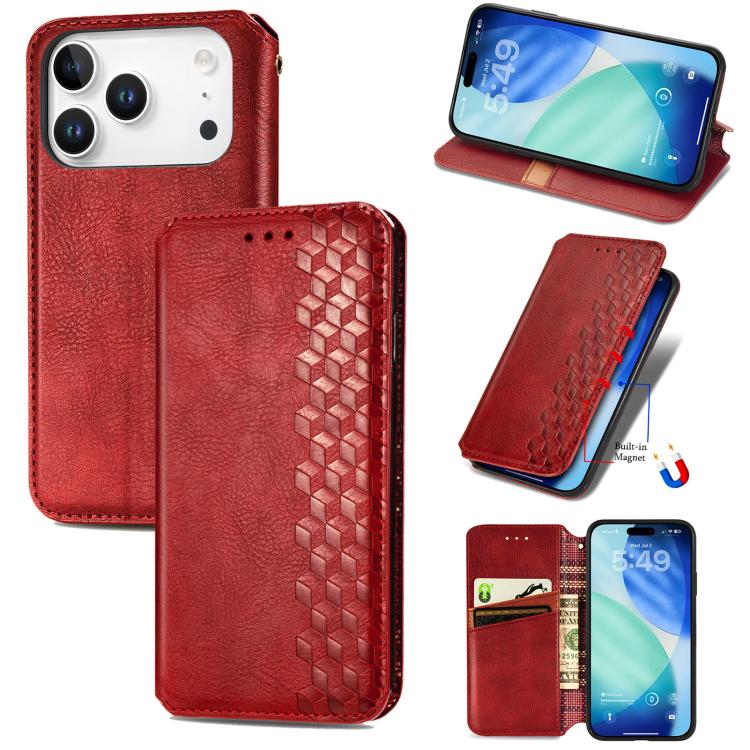 For iPhone 17 Pro Cubic Grid Pressed Magnetic Leather Phone Case(Red)