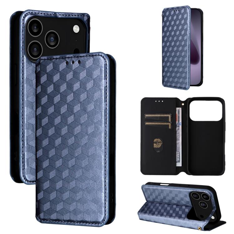 For iPhone 17 Pro Cubic Grid Texture Flip Leather Phone Case(Blue)
