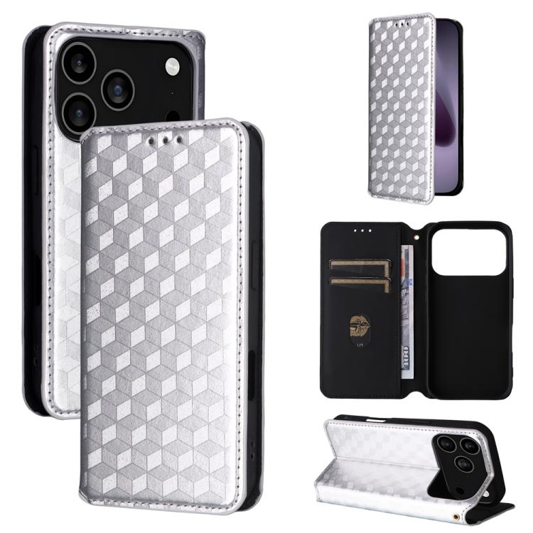 For iPhone 17 Pro Cubic Grid Texture Flip Leather Phone Case(Silver)