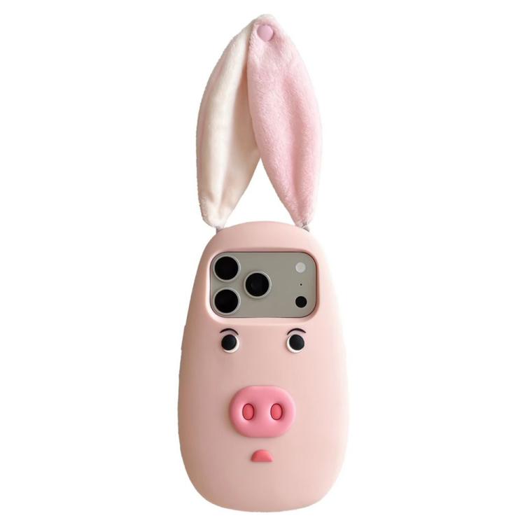 For iPhone 17 Pro Cute 3D Cartoon Pig Face Plush Cloth Ears Silicone Shockproof Phone Case