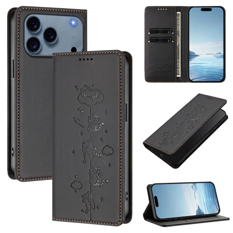 For iPhone 17 Pro Cute Cats Embossed Magnetic RFID Vegan Leather Phone Case(Black)