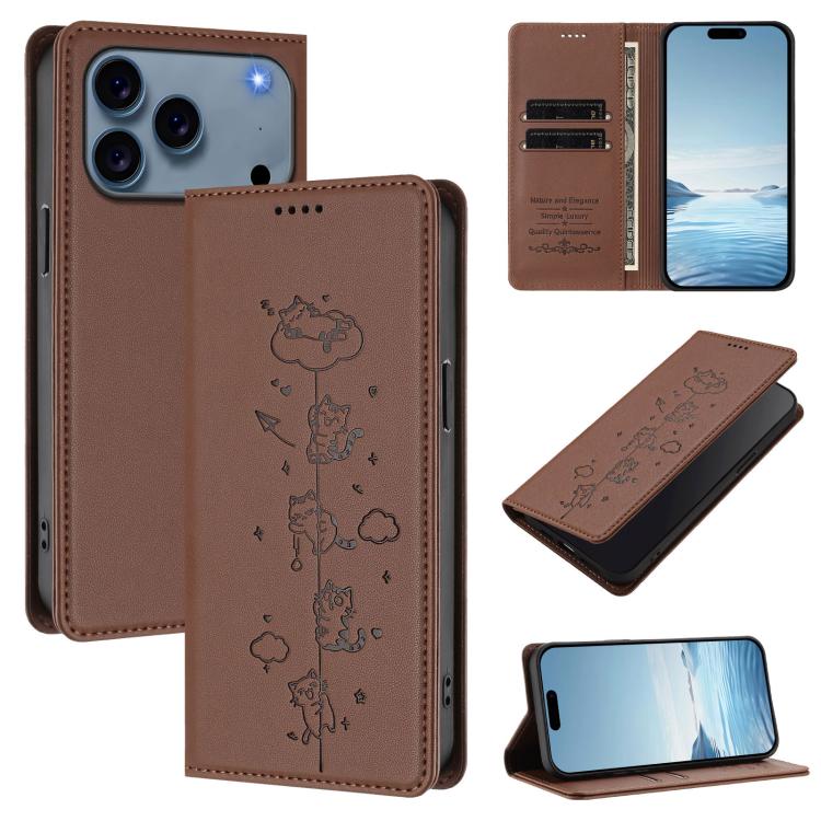 For iPhone 17 Pro Cute Cats Embossed Magnetic RFID Vegan Leather Phone Case(Brown)