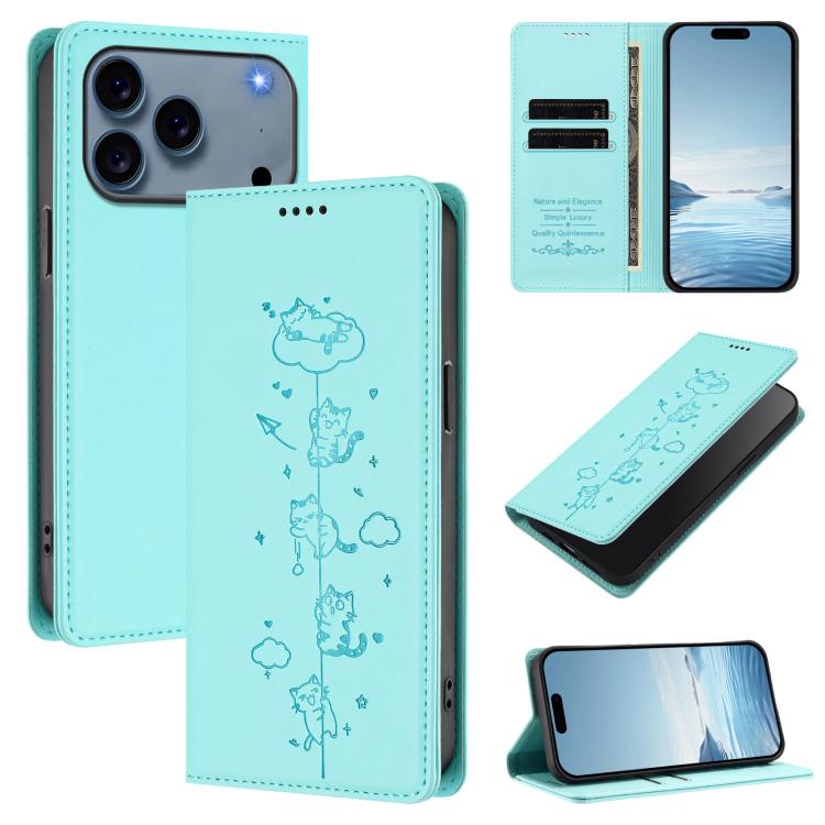 For iPhone 17 Pro Cute Cats Embossed Magnetic RFID Vegan Leather Phone Case(Mint Green)