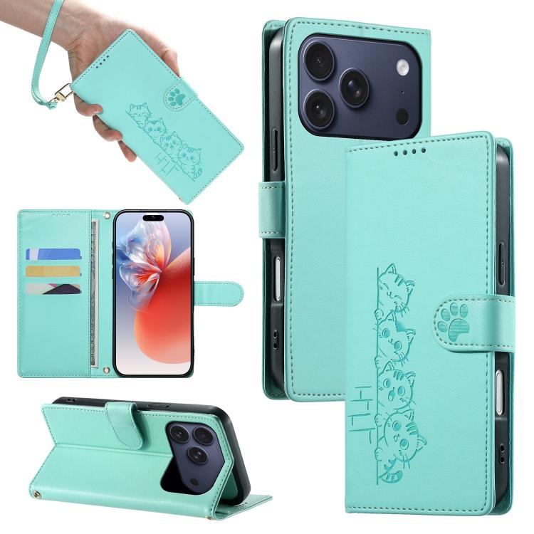 For iPhone 17 Pro Cute Cats Magnetic Closure Vegan Leather Phone Case with Strap(Green)