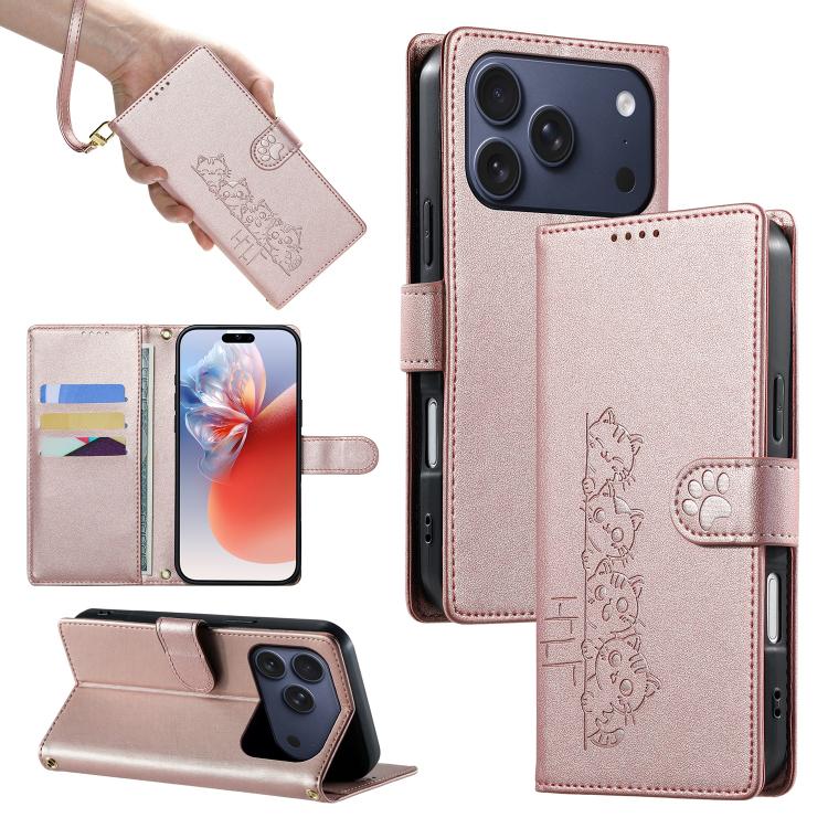 For iPhone 17 Pro Cute Cats Magnetic Closure Vegan Leather Phone Case with Strap(Rose Gold)