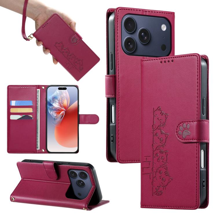 For iPhone 17 Pro Cute Cats Magnetic Closure Vegan Leather Phone Case with Strap(Rose Red)