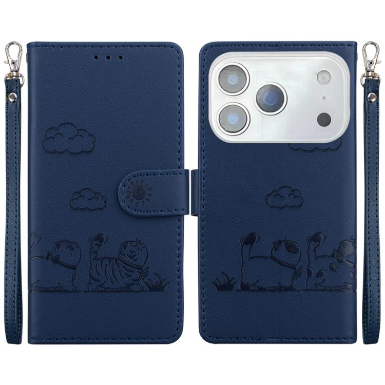 For iPhone 17 Pro Cute Cats RFID Leather Phone Case(Blue)