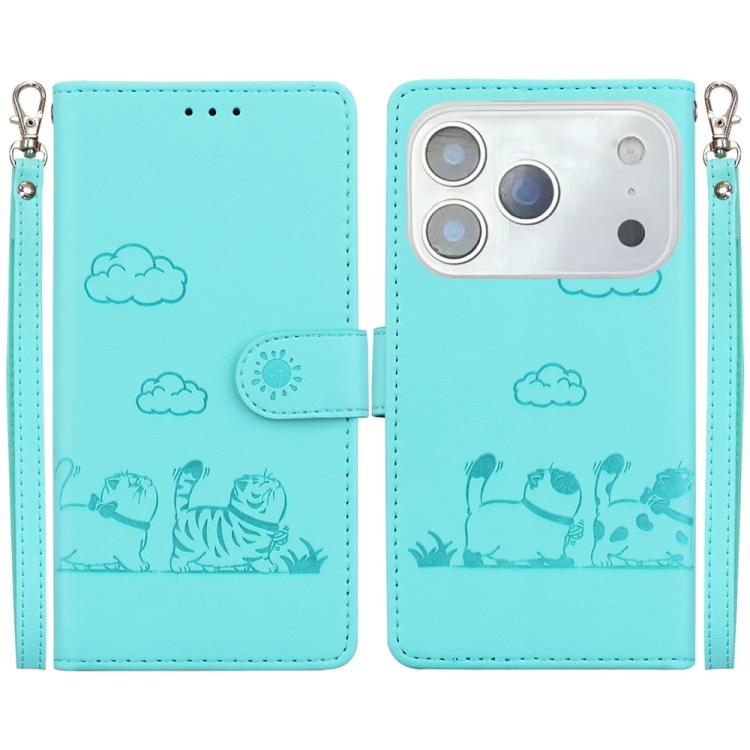 For iPhone 17 Pro Cute Cats RFID Leather Phone Case(Green)