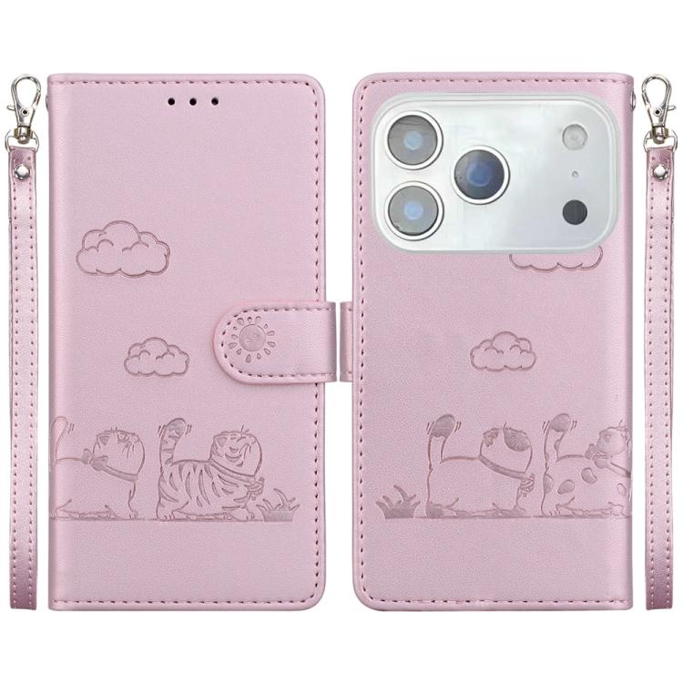 For iPhone 17 Pro Cute Cats RFID Leather Phone Case(Rose Gold)