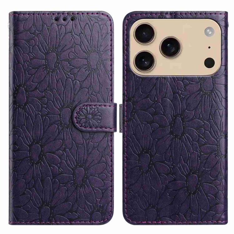 For iPhone 17 Pro Daisy Embossed Leather Phone Case(Dark Purple)