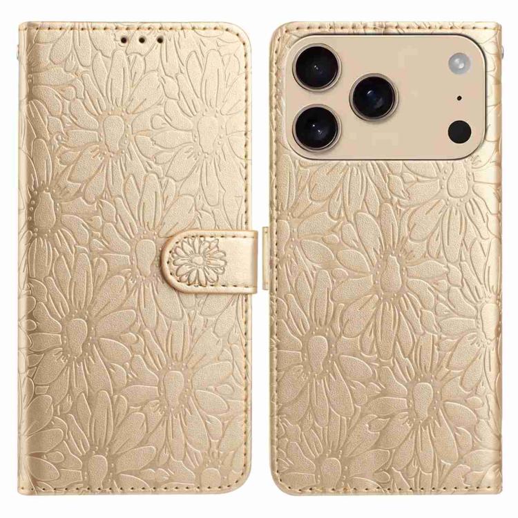 For iPhone 17 Pro Daisy Embossed Leather Phone Case(Gold)