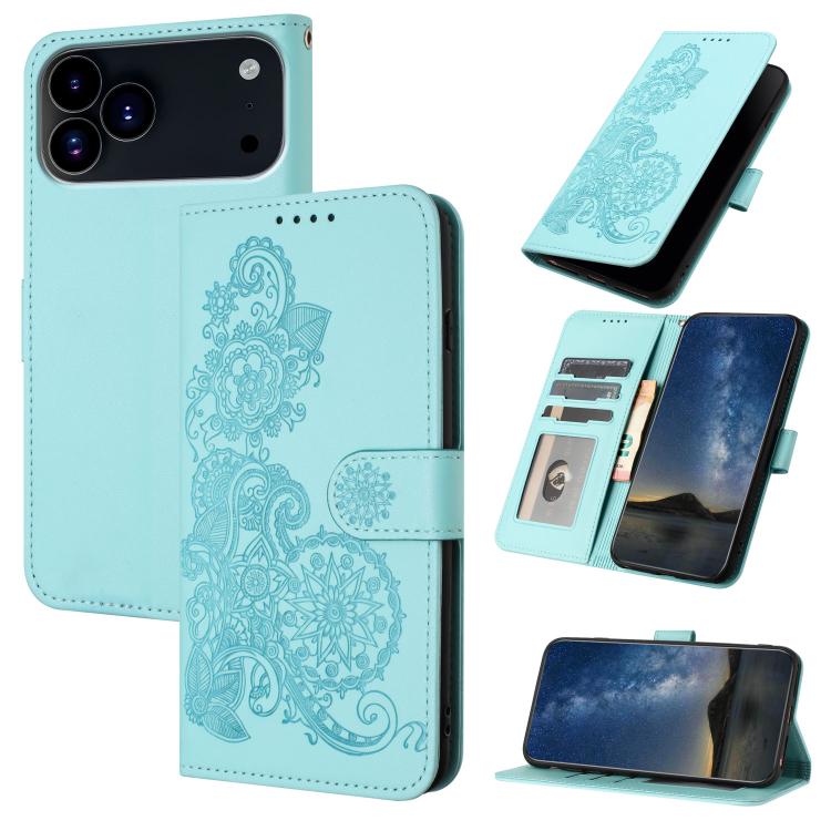 For iPhone 17 Pro Datura Flower Embossed Flip Leather Phone Case(Light Blue)