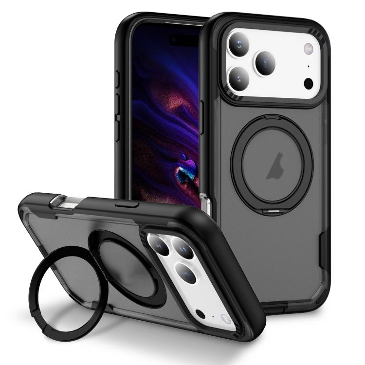 For iPhone 17 Pro Defend Rugged Gear Holder MagSafe Phone Case(Black + Transparent Grey)