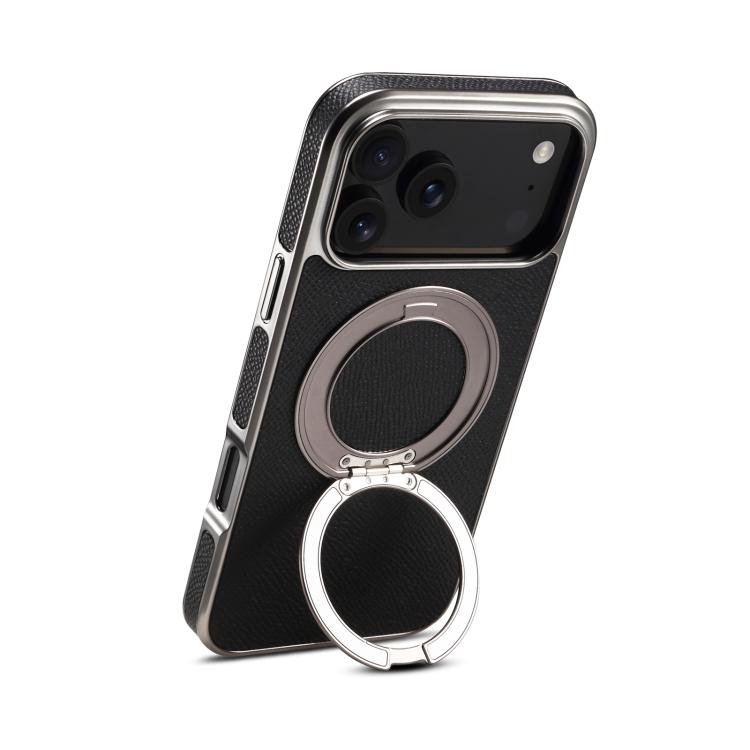 For iPhone 17 Pro Denior A23 Magnetic Holder Electroplating Genuine Leather Phone Case(Black)