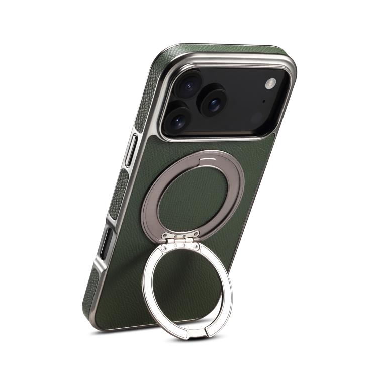 For iPhone 17 Pro Denior A23 Magnetic Holder Electroplating Genuine Leather Phone Case(Green)