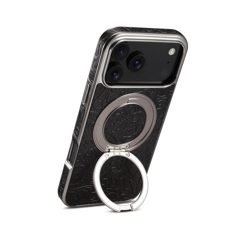 For iPhone 17 Pro Denior A23 Retro Flower Texture Magnetic Holder Electroplating Genuine Leather Phone Case(Black)